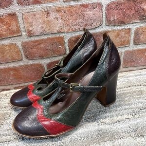 Frye Adrienne T-strap, Navy, Red, Brown Leather Heels Womens Size 9M